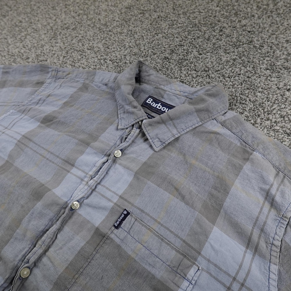Barbour Shirt Mens L Blue Gray Plaid Short Sleeve Button Up Casual Camp Preppy